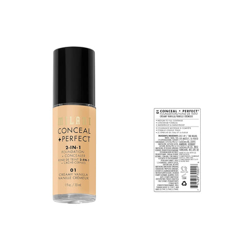 Milani Conceal + Perfect 2-In-1 Foundation + Concealer - Creamy Vanilla (1 Fl. Oz.) Cruelty-Free Liquid Foundation - Cover Under-Eye Circles, Blemishes & Skin Discoloration for a Flawless Complexion