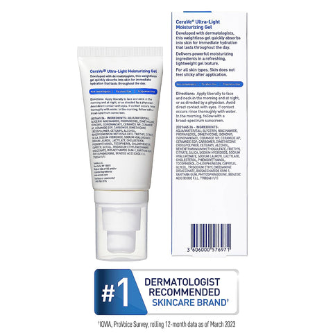 Cerave Ultra-Light Moisturizing Gel | Hydrating Gel Face Moisturizer with Ceramides, Niacinamide, Hyaluronic Acid | Fragrance Free | Oil-Free | Weightless Mattifying Moisturizer | 1.75 FL Oz