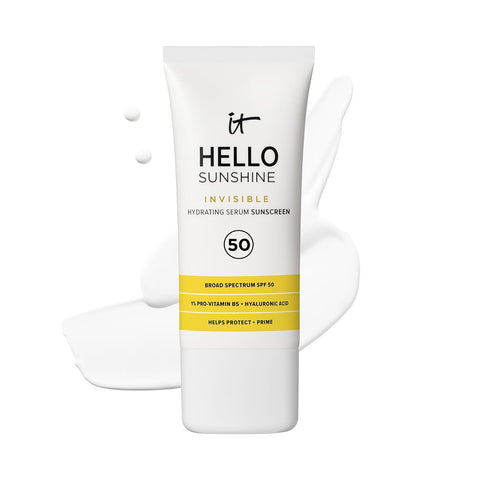 IT Cosmetics Hello Sunshine Invisible Sunscreen for Face SPF 50 - Sunscreen, Hydrating Serum & Makeup Primer - 1% Pro-Vitamin B5 & Hyaluronic Acid - HSA/FSA Eligible - No White Cast - 1.69 Fl Oz