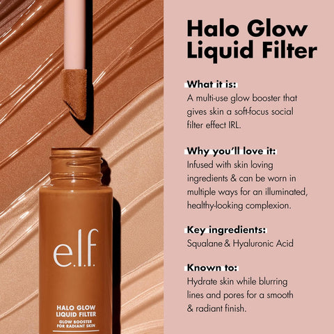 Halo Glow Liquid Filter, Complexion Booster for a Glowing, Soft-Focus Look, Infused with Hyaluronic Acid, Vegan & Cruelty-Free, 3 Light/Medium