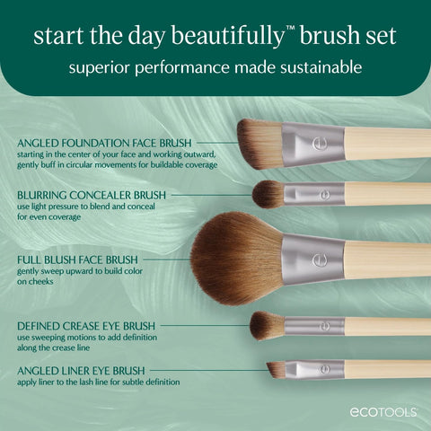 Ecotools Start the Day Beautifully 6 Piece Makeup Brush Set, Makeup Brushes for Eyeshadow, Blush, Concealer, & Foundation Application, Eco-Friendly, Gift Set, Synthetic Hair, Vegan & Cruelty-Free