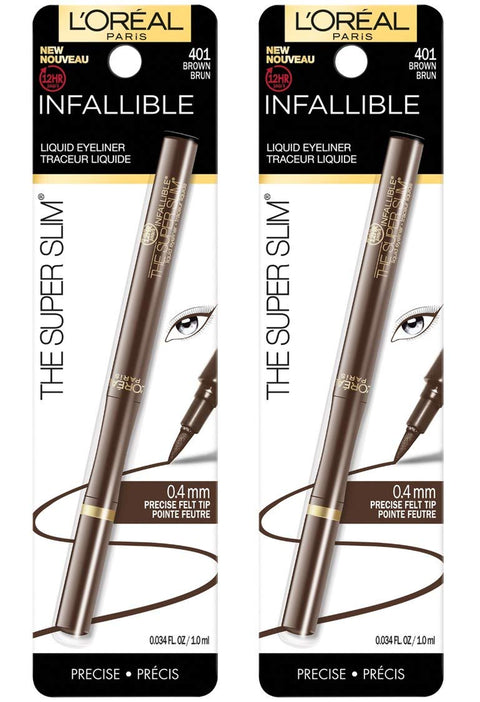 Makeup Infallible Super Slim Long-Lasting Liquid Eyeliner, Ultra-Fine Felt Tip, Quick Drying Formula, Glides on Smoothly, Brown, Pack of 2